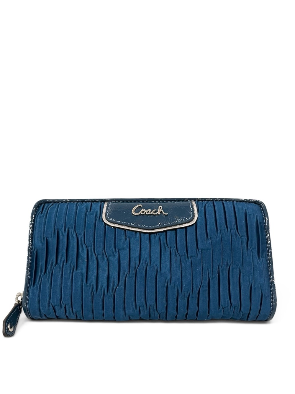 Coach Ashley Gathered Satin Zip Around Accordion Wallet Ocean Blue /Teal NWT